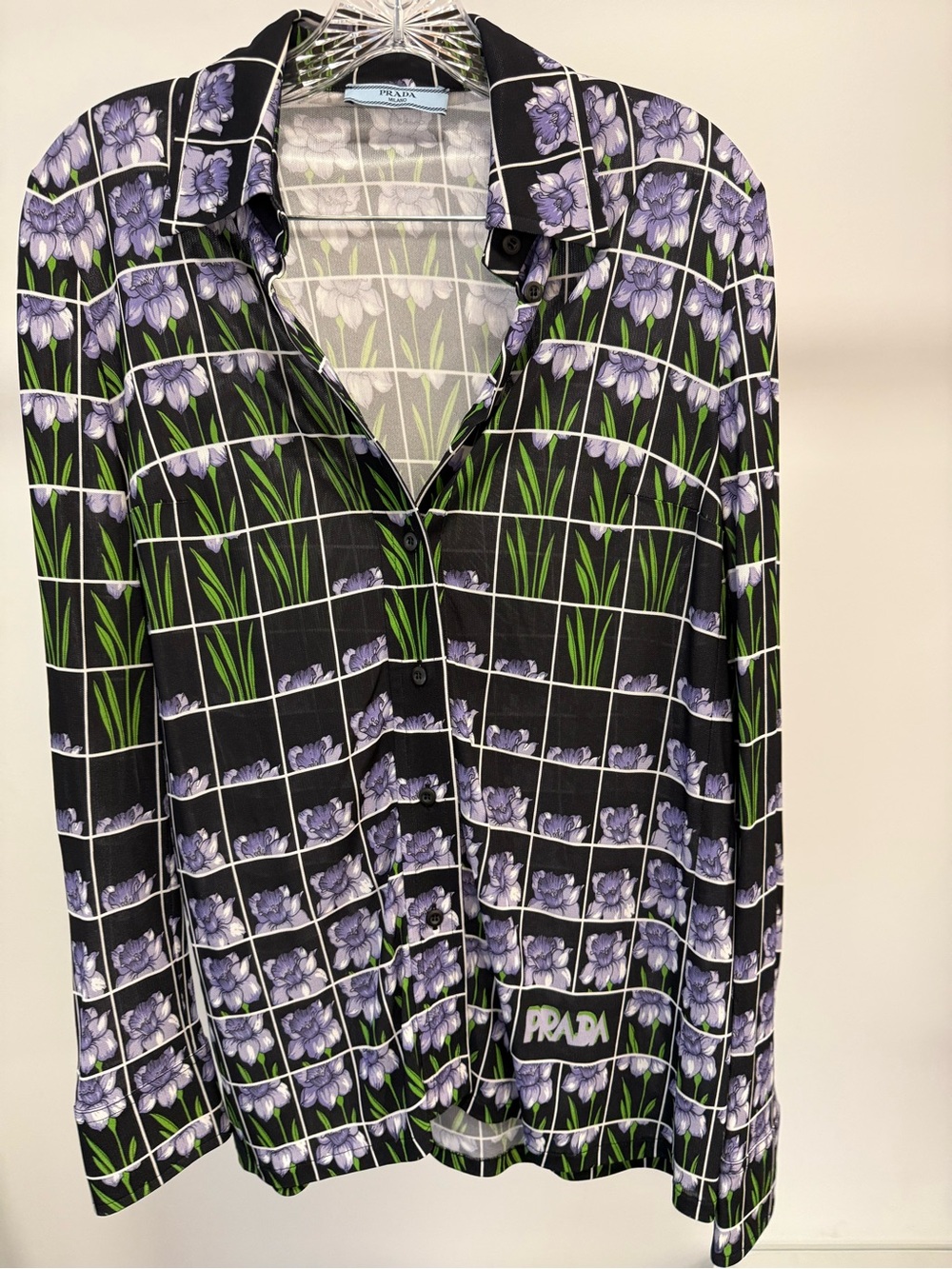 Prada Black Button-Down Shirt with Purple Floral Grid